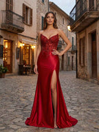 Red Strapless Beaded Lace Corset Satin Long Prom Dress With Slit