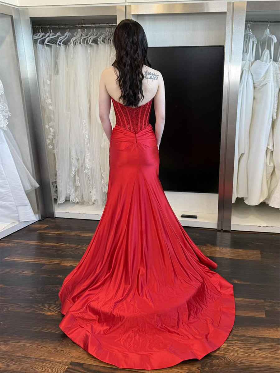 Red Strapless Beaded Corset Prom Dress With High Slit