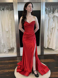 Red Strapless Beaded Corset Prom Dress With High Slit