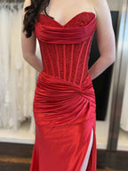 Red Strapless Beaded Corset Prom Dress With High Slit