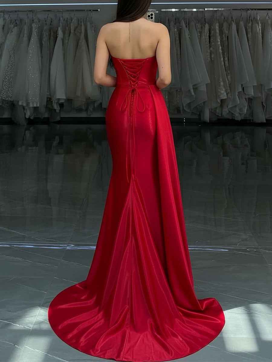 Red Strapless Crystal Bodice Satin Prom Dress with Draped Slit