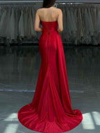 Red Strapless Crystal Bodice Satin Prom Dress with Draped Slit