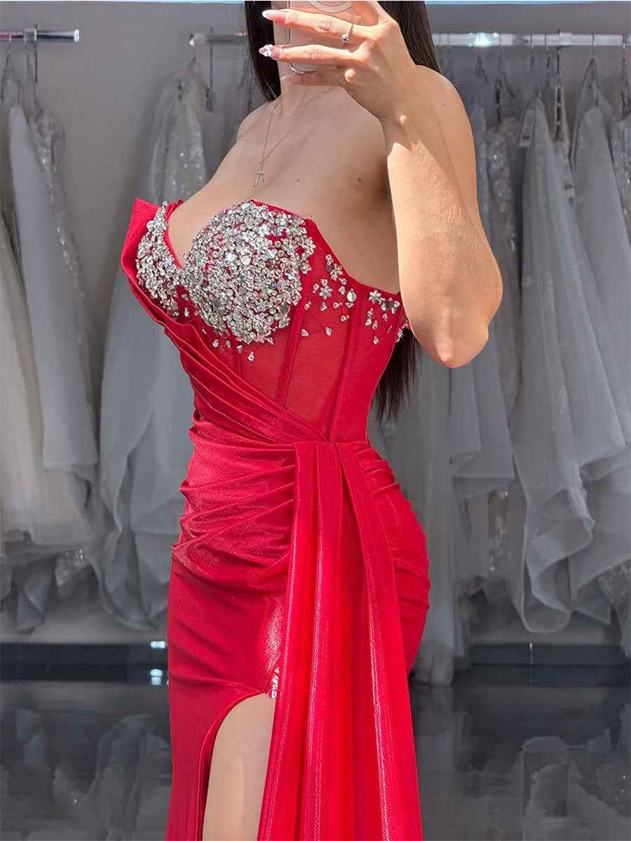 Red Strapless Crystal Bodice Satin Prom Dress with Draped Slit