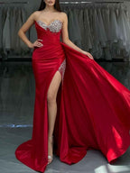 Red Strapless Crystal Bodice Satin Prom Dress with Draped Slit