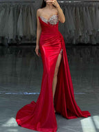 Red Strapless Crystal Bodice Satin Prom Dress with Draped Slit