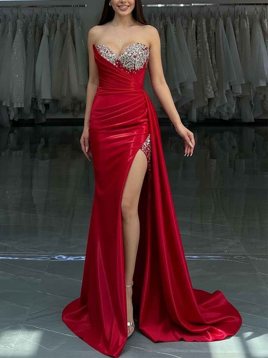 Red Strapless Crystal Bodice Satin Prom Dress with Draped Slit