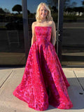 Elegant Red Strapless Jacquard Satin Long Prom Dress