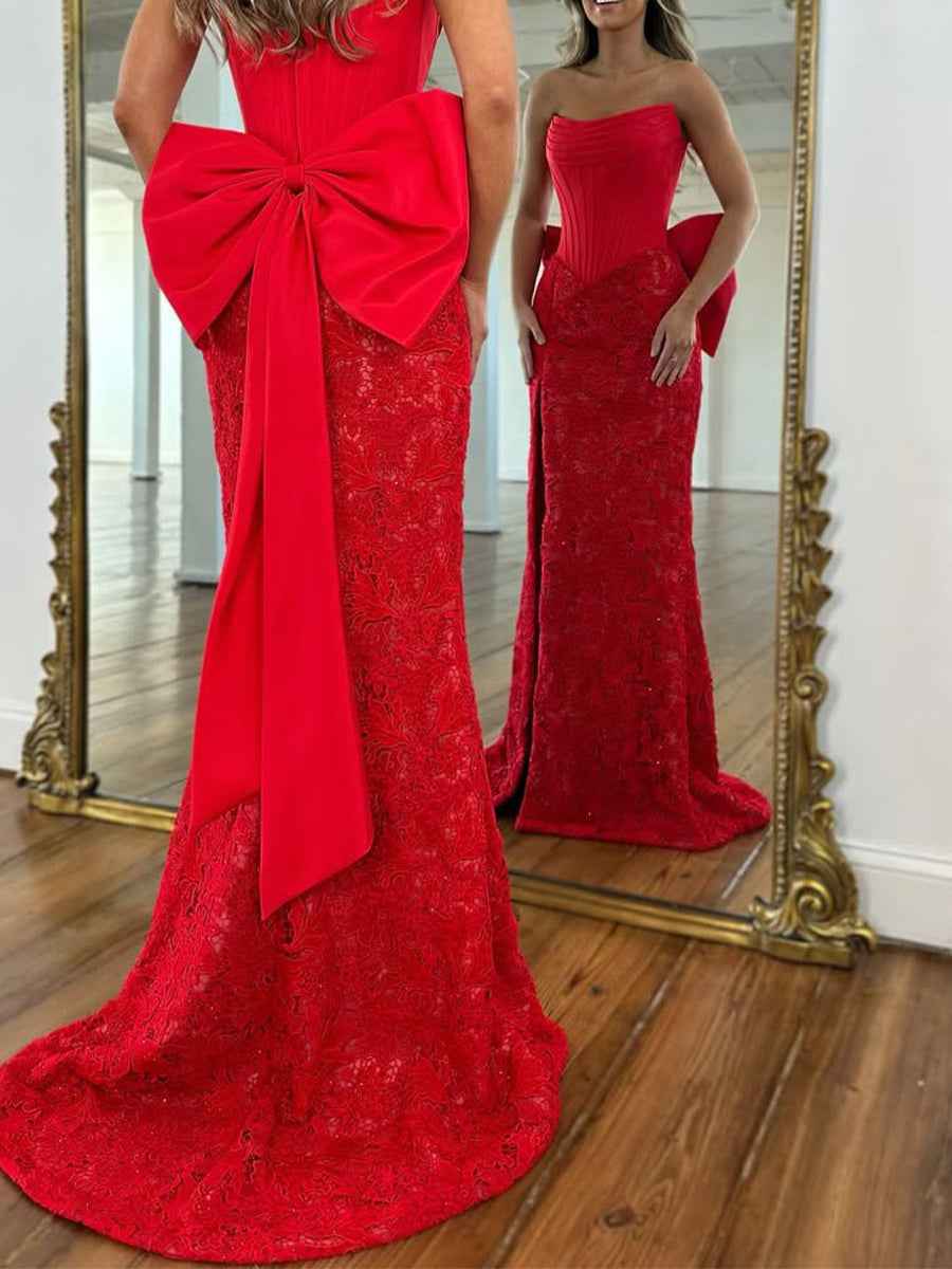 Red Strapless Satin Corset Lace Prom Dress With Oversized Bow