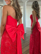 Red Strapless Satin Corset Lace Prom Dress With Oversized Bow