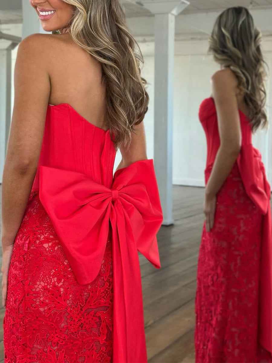 Red Strapless Satin Corset Lace Prom Dress With Oversized Bow