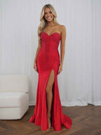Red Strapless Sequin Long Prom Dress With Linear Beading