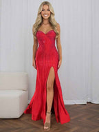 Red Strapless Sequin Long Prom Dress With Linear Beading