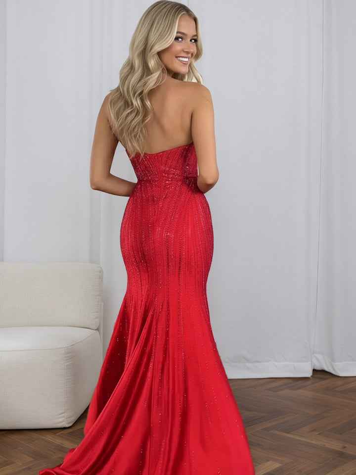 Red Strapless Sequin Long Prom Dress With Linear Beading