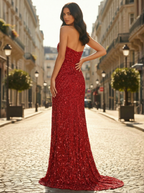 Ruby Red Sequin Strapless Sheath Prom Dress With Thigh High Slit
