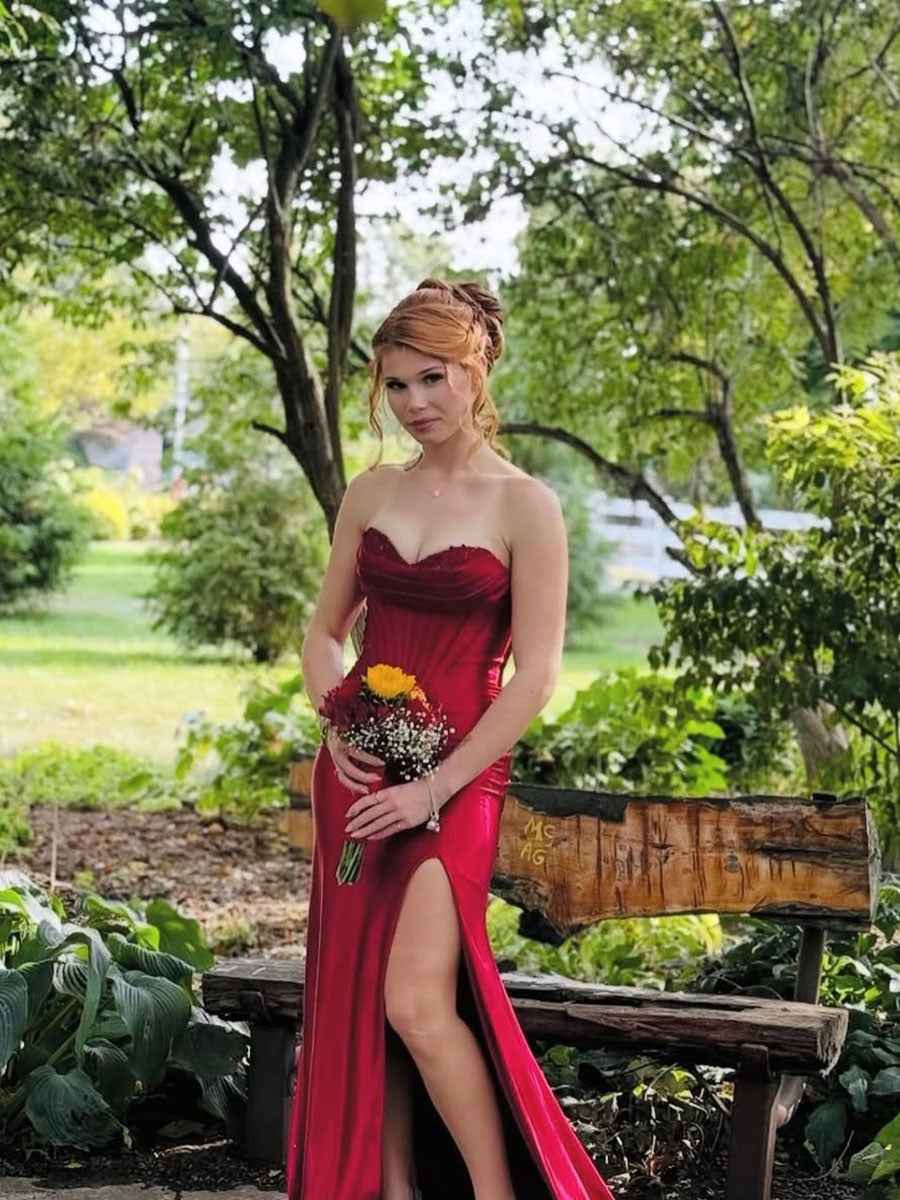 Red Strapless Sweetheart Satin Prom Dress With Slit Long Gown