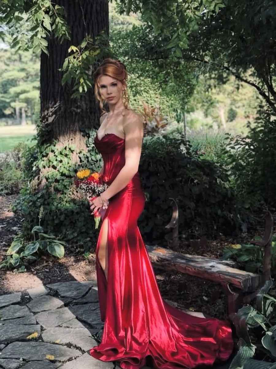 Red Strapless Sweetheart Satin Prom Dress With Slit Long Gown