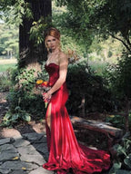 Red Strapless Sweetheart Satin Prom Dress With Slit Long Gown