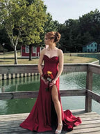 Red Strapless Sweetheart Satin Prom Dress With Slit Long Gown