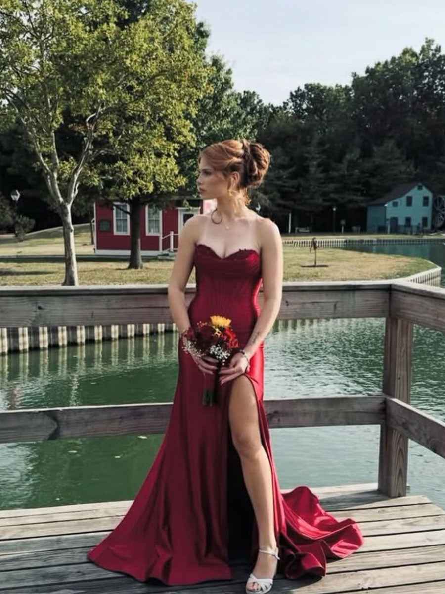 Red Strapless Sweetheart Satin Prom Dress With Slit Long Gown