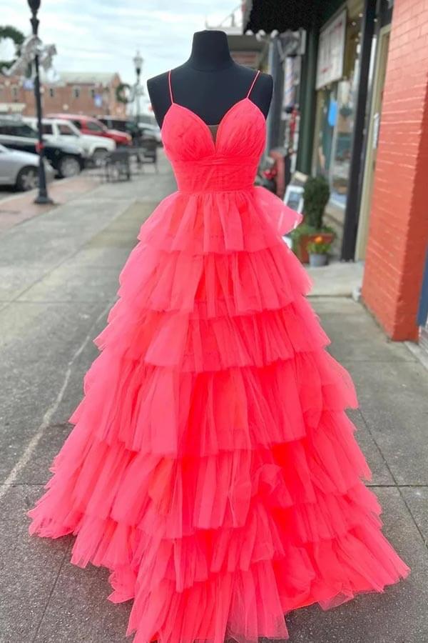 Tulle A-line V-neck Layers Long Prom Dresses, Evening Dresses