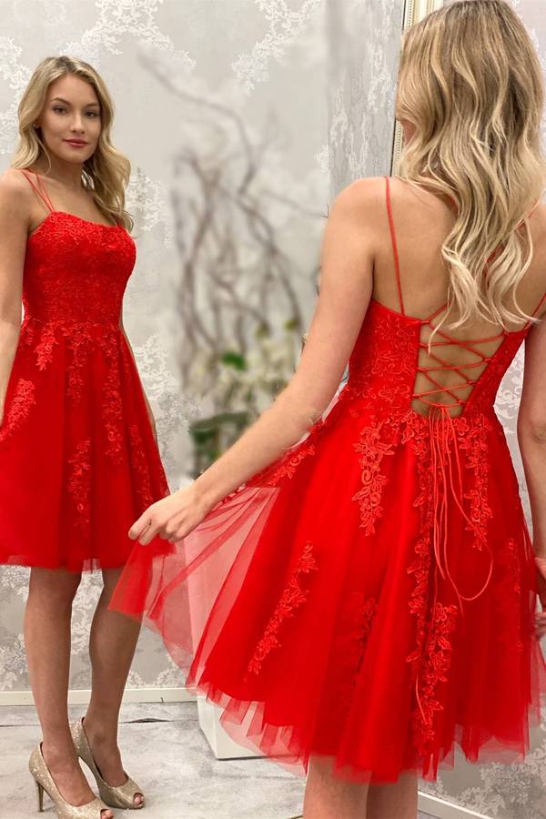Tulle Lace Spaghetti Straps Homecoming Dresses, Short Prom Dress