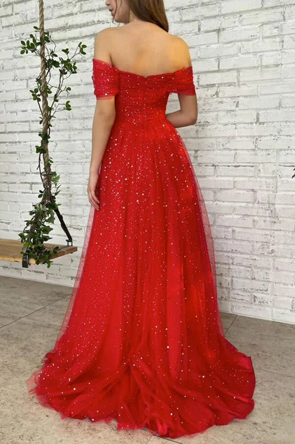 Tulle Off-the-Shoulder Long Prom Dresses, A-line Evening Gowns