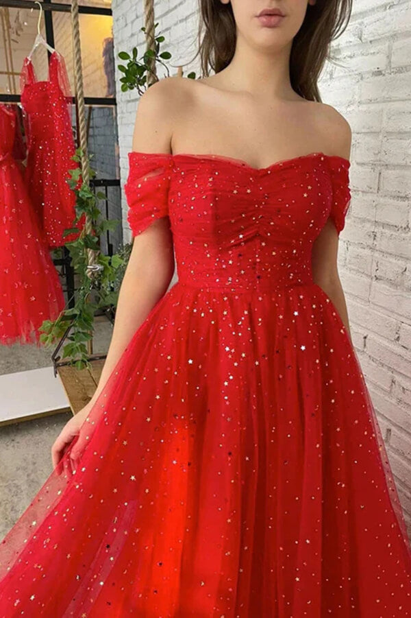 Tulle Off-the-Shoulder Long Prom Dresses, A-line Evening Gowns