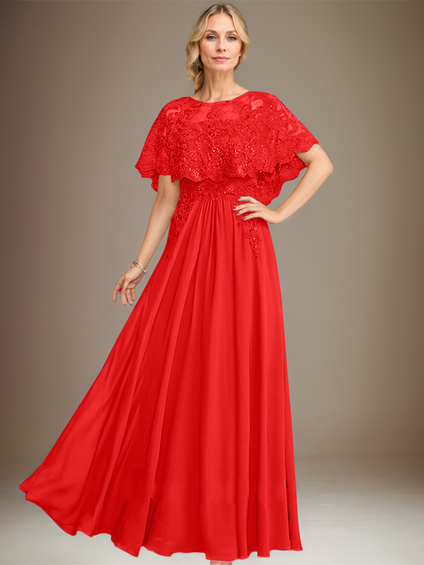 Robe de mère de la mariée en mousseline de soie à dentelle, longueur au sol, en ligne A, col bateau, ornée d'appliques à paillettes