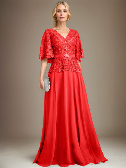 A-Linie V-Ausschnitt Bodenlang Chiffon Spitze Mutter der Braut Kleid Mit Kristall Brosche Strass 