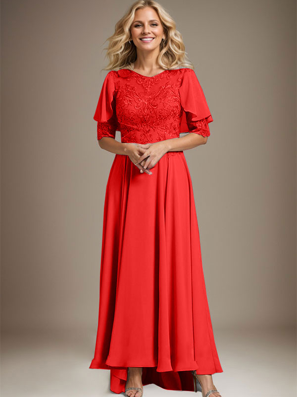 Robe de mère de la mariée en mousseline et dentelle asymétrique à encolure dégagée en ligne A avec perles