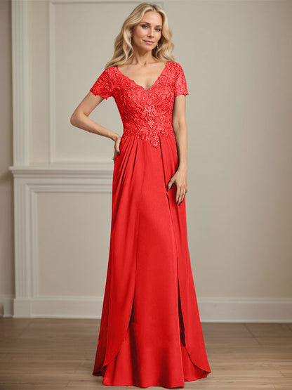 A-Linie V-Ausschnitt Bodenlanges Chiffon-Spitzenkleid für die Brautmutter