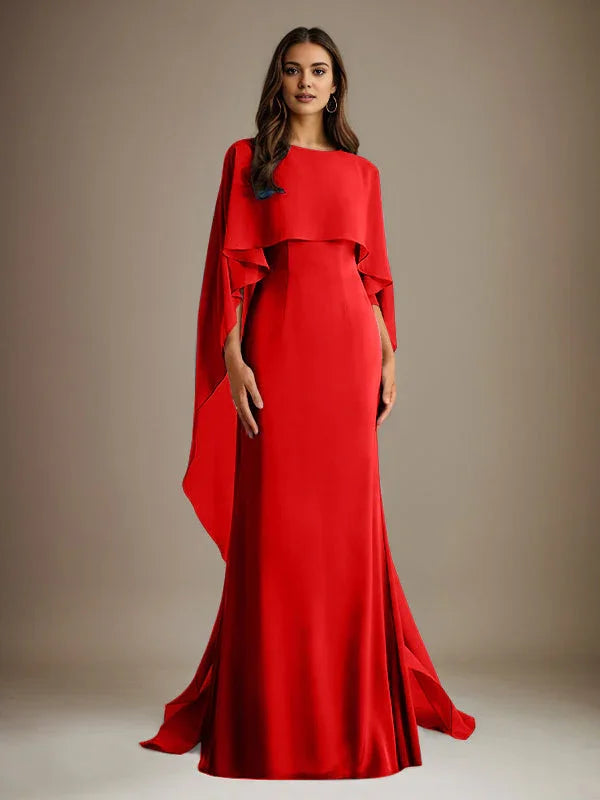 فستان أم العروس شيفون بطول الأرض بياقة قارب وأكمام ضيقة مع كشكش متدرج