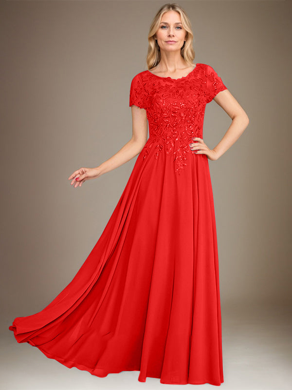 Robe de mère de la mariée en mousseline, longueur au sol, coupe en A, décolleté arrondi, ornée d'appliques et de paillettes