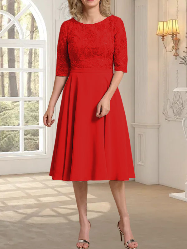 A-Linie U-Ausschnitt Knielang Chiffon Spitzenkleid für die Brautmutter
