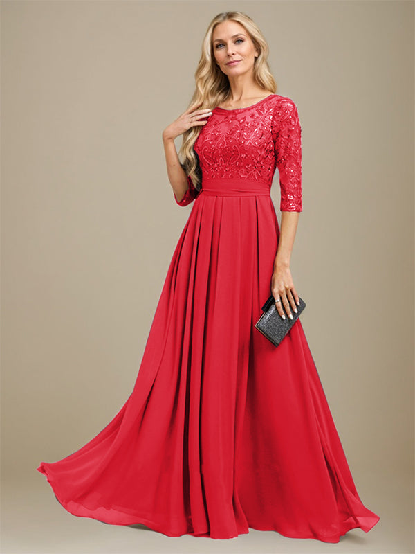 A-Linie U-Ausschnitt Bodenlang Spitzen-Chiffon-Kleid für die Brautmutter mit Paillettenapplikation 