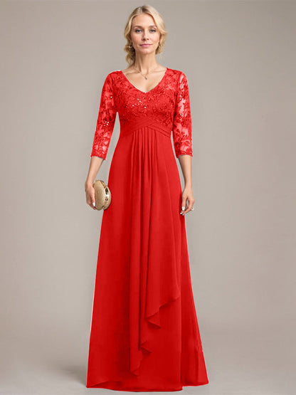 Vestido de madre de la novia de gasa con encaje, escote en V, largo hasta el suelo, con volantes en cascada y lentejuelas 