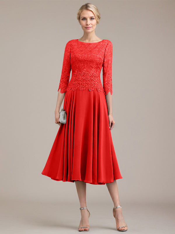 A-Linie U-Ausschnitt Wadenlang Chiffon-Kleid für die Brautmutter 