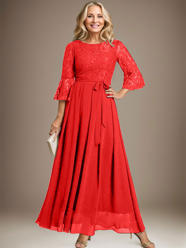 Robe de mère de la mariée en mousseline de soie à dentelle, longueur cheville, en forme trapèze avec encolure dégagée et nœud