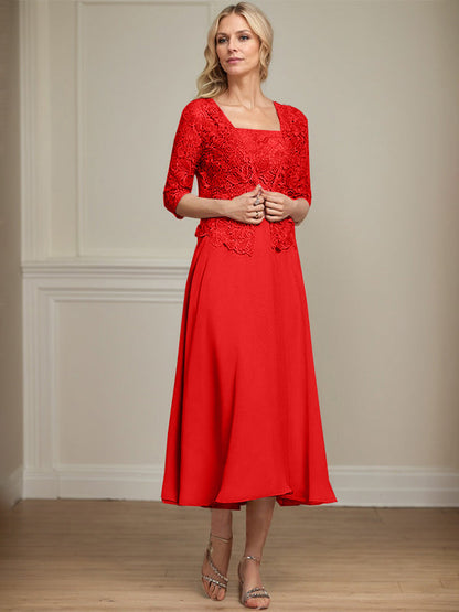 A-Linie Quadratisches Wadenlanges Chiffon-Spitzenkleid für die Brautmutter mit Pailletten und Perlen 