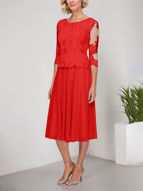 A-Linie U-Ausschnitt Wadenlang Spitzen Chiffon Mutter der Braut Kleid mit Stickerei 