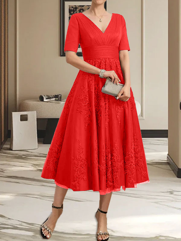 A-Linie V-Ausschnitt Wadenlanges Tüll-Spitzenkleid für die Brautmutter mit Plissee