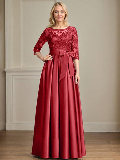A-Linie, U-Ausschnitt, Illusion, bodenlanges Satin-Spitzenkleid für die Brautmutter mit Paillettenschleife 
