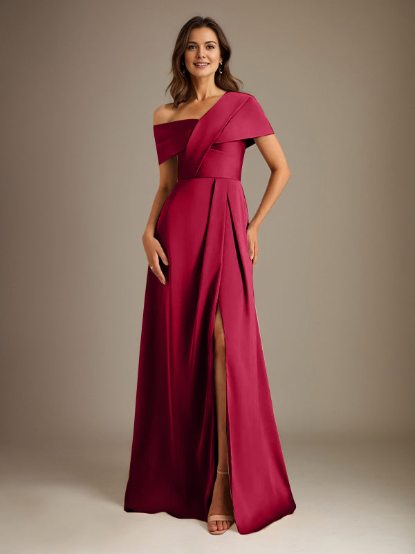 Robe de mère de la mariée en satin, longueur au sol, encolure asymétrique en ligne A avec plis