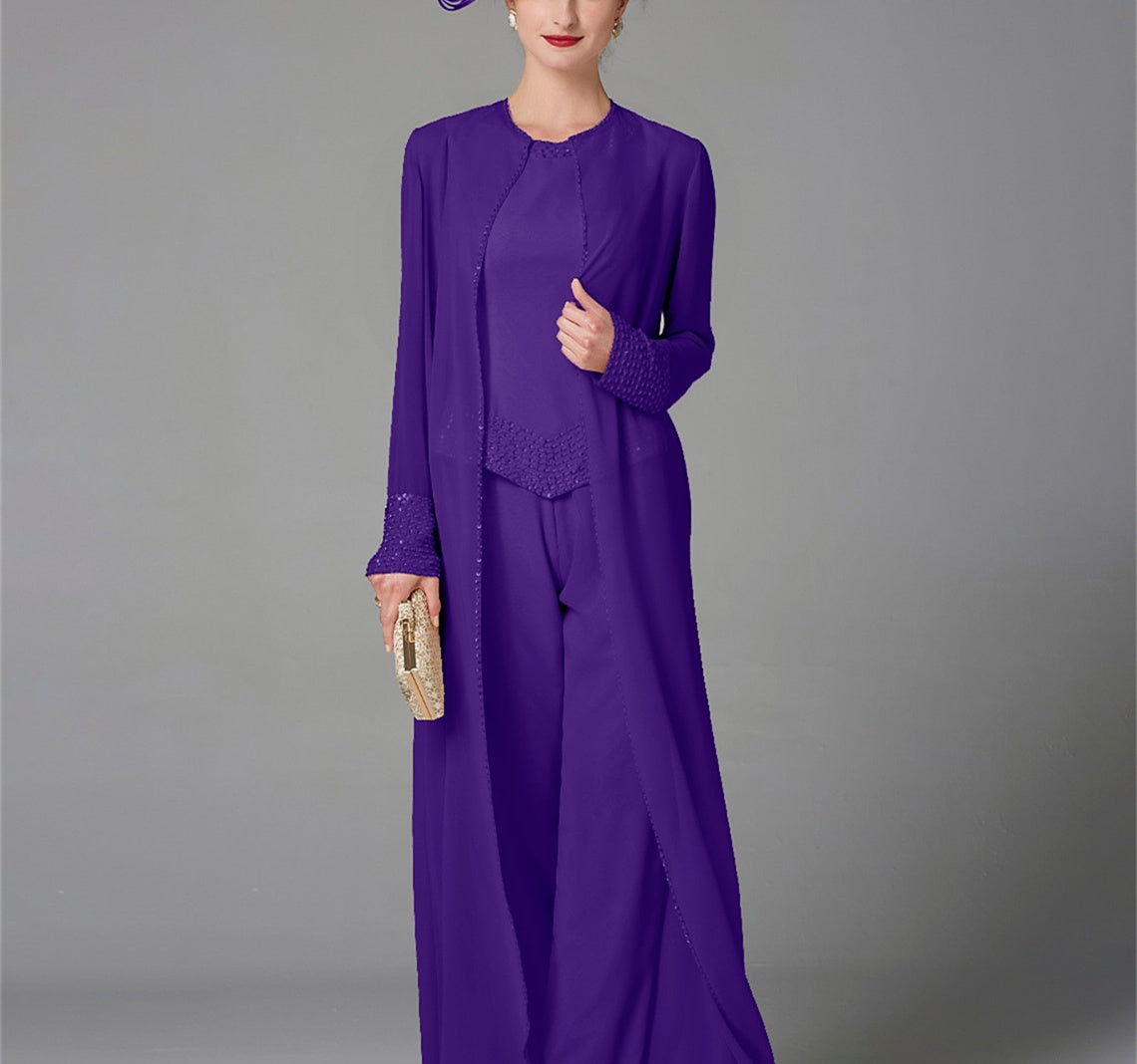 Mother Of The Bride Pantsuit With Jacket And Sequins Long Sleeve Chiffon
