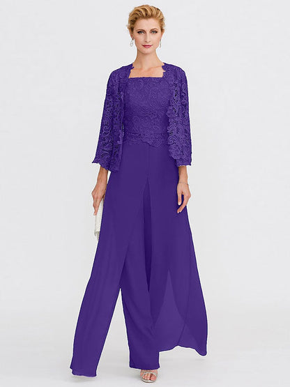 3 Piece Chiffon Square Neck Mother of the Bride Pantsuits with Jacket