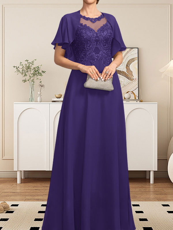A-Linie, U-Ausschnitt, Illusion, bodenlanges Spitzen-Chiffon-Kleid für die Brautmutter mit Pailletten