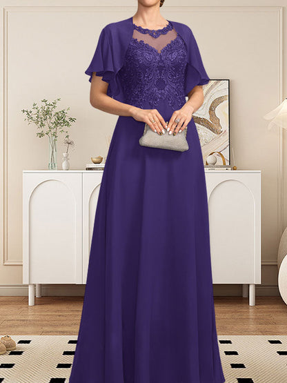A-Linie, U-Ausschnitt, Illusion, bodenlanges Spitzen-Chiffon-Kleid für die Brautmutter mit Pailletten