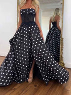 Black White Polka Dot Strapless Lace Corset Prom Dress