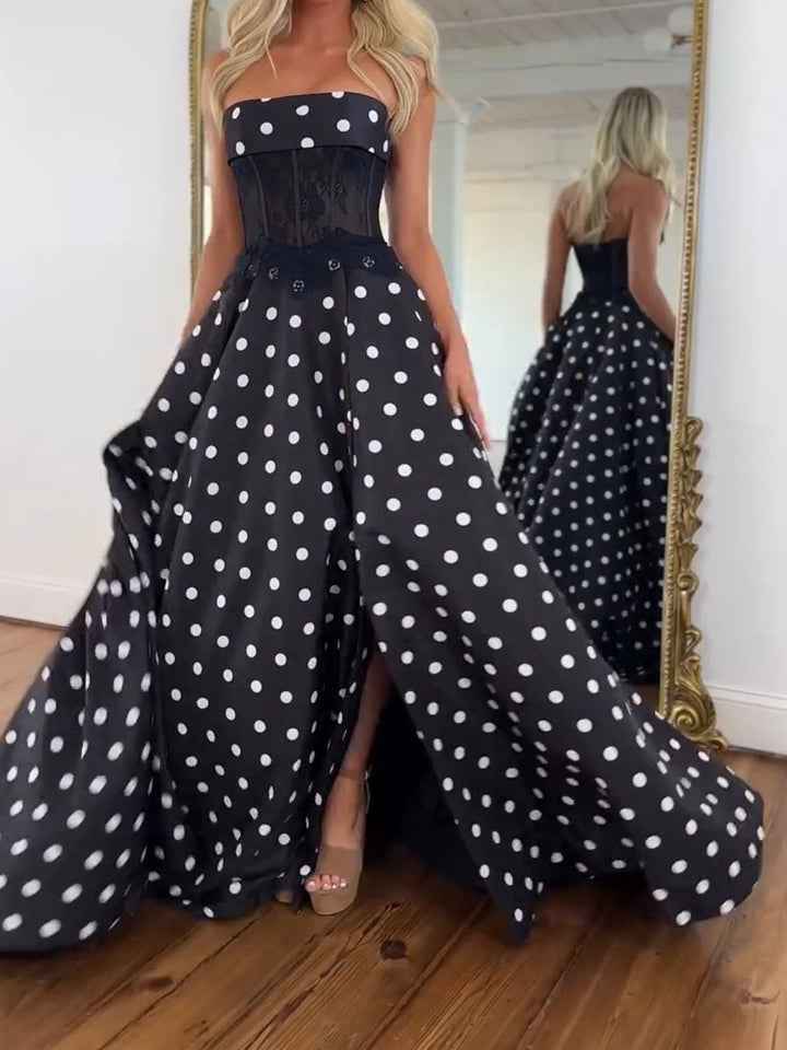 Black White Polka Dot Strapless Lace Corset Prom Dress