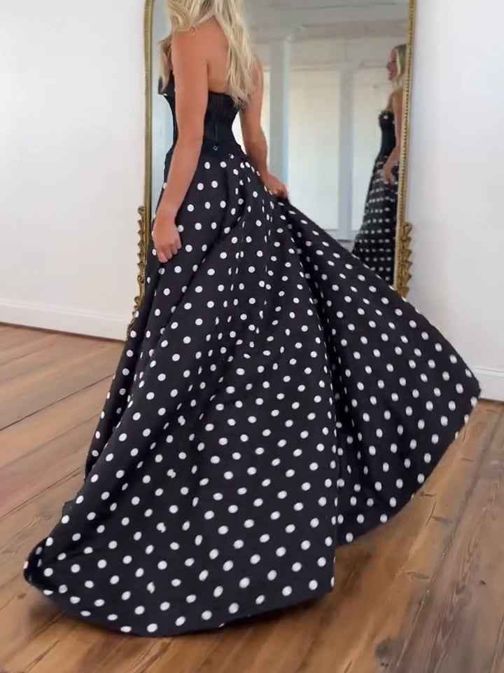 Black White Polka Dot Strapless Lace Corset Prom Dress